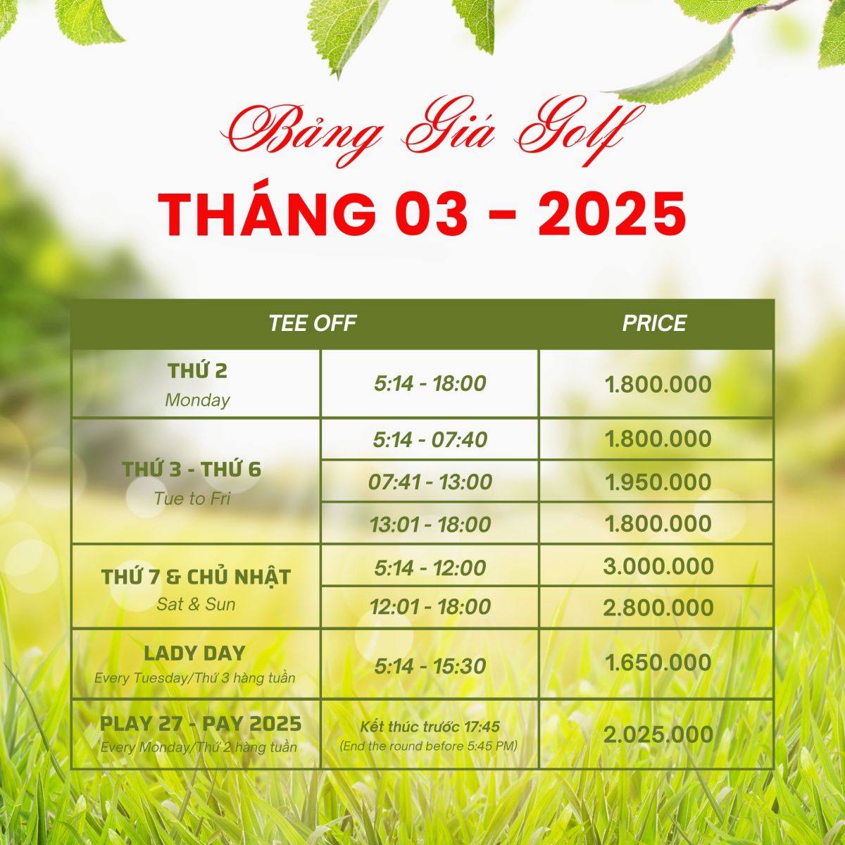 Stone Valley Golf & Resort - Bảng giá tháng 03 - 2025 mới nhất.